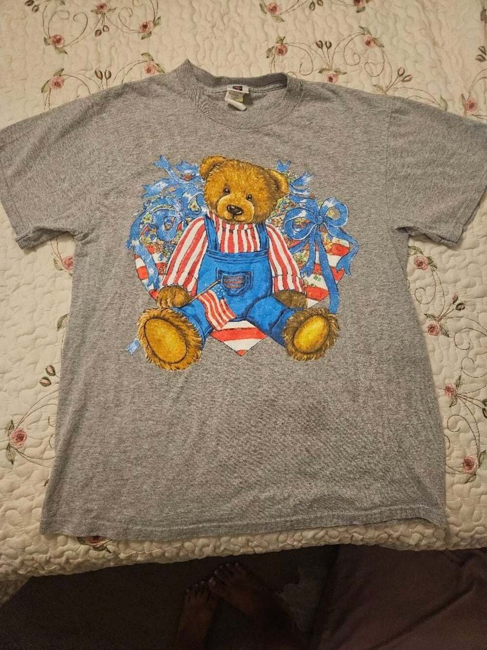 Vintage 90s Hanes Patriotic Teddy Bear Graphic T-Shirt Gray
